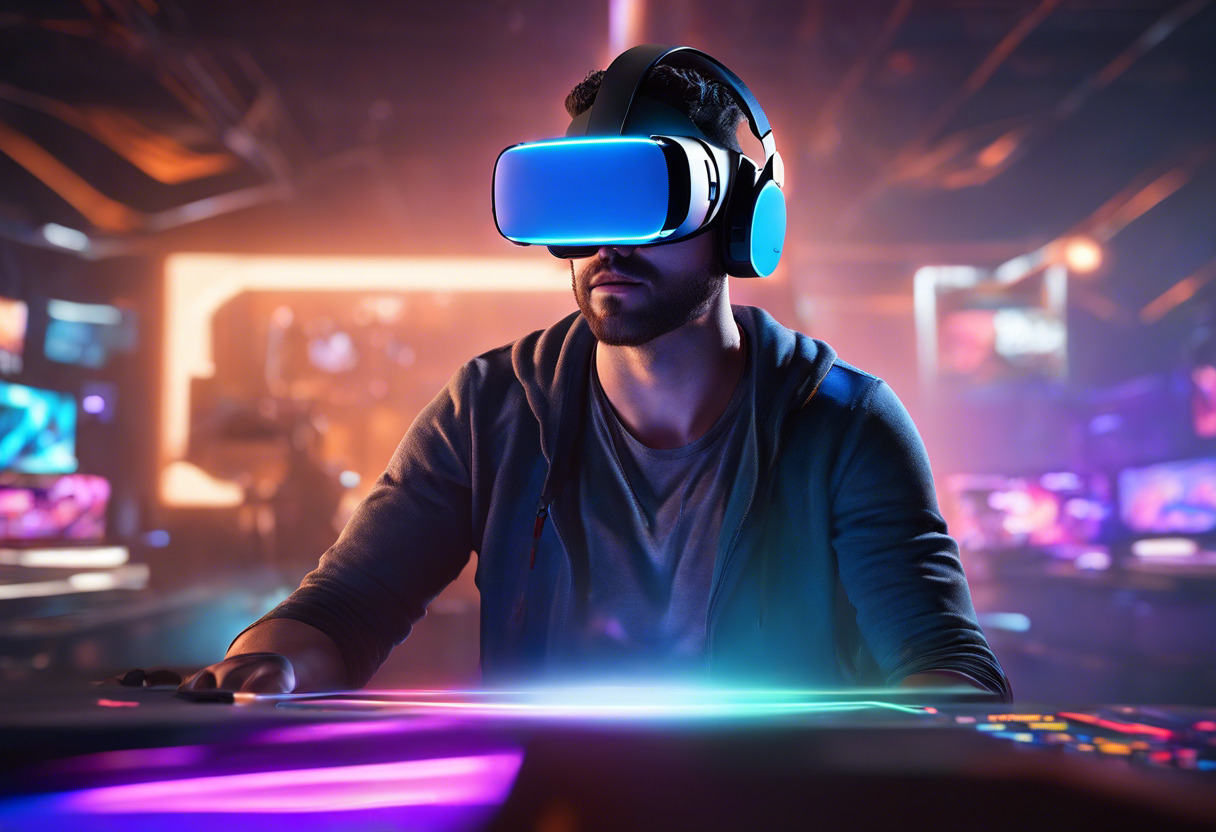 Colorful image of a professional gamer utilizing the SteamVR environment