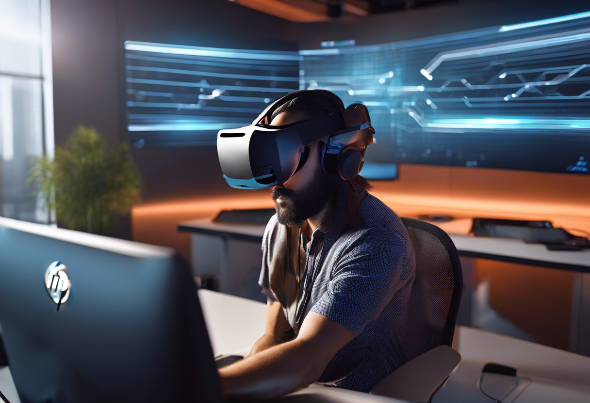 Colorful image of a professional user experiencing virtual reality with HP Reverb G2 in a high-tech office
