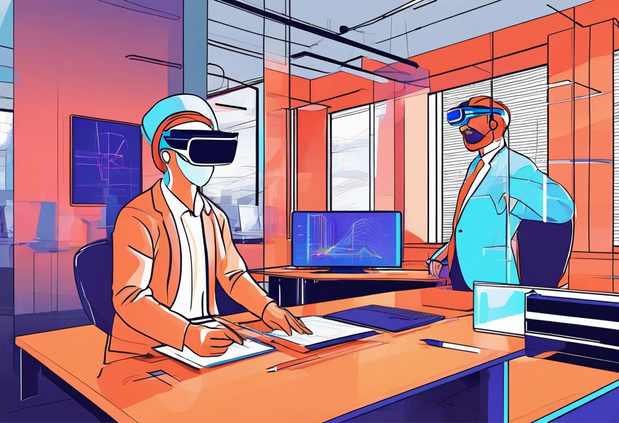 Colorful image of a professional using HoloLens 2 in a modern office environment