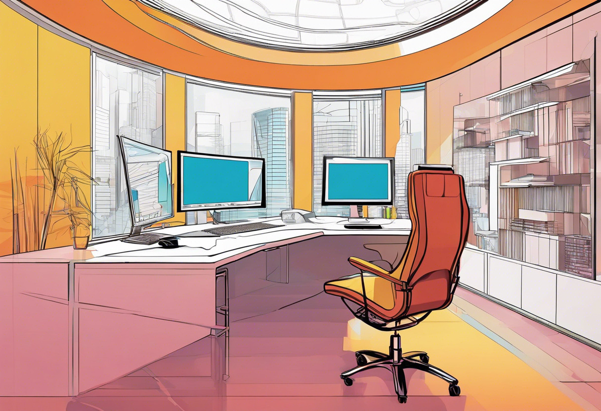 Colorful image of a professional using the Meta Quest Pro in a futuristic office space