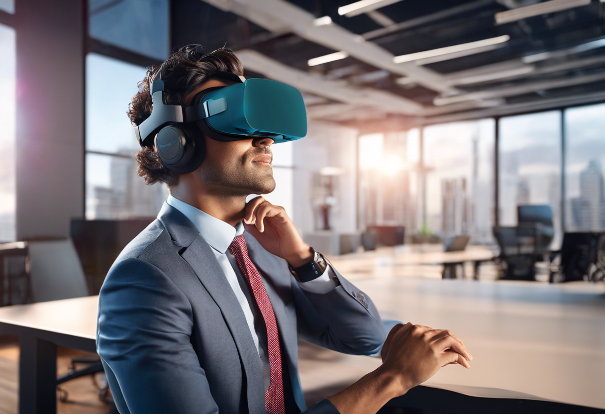 Colorful image of a professional using the Meta Quest Pro VR/AR headset in a modern office environment