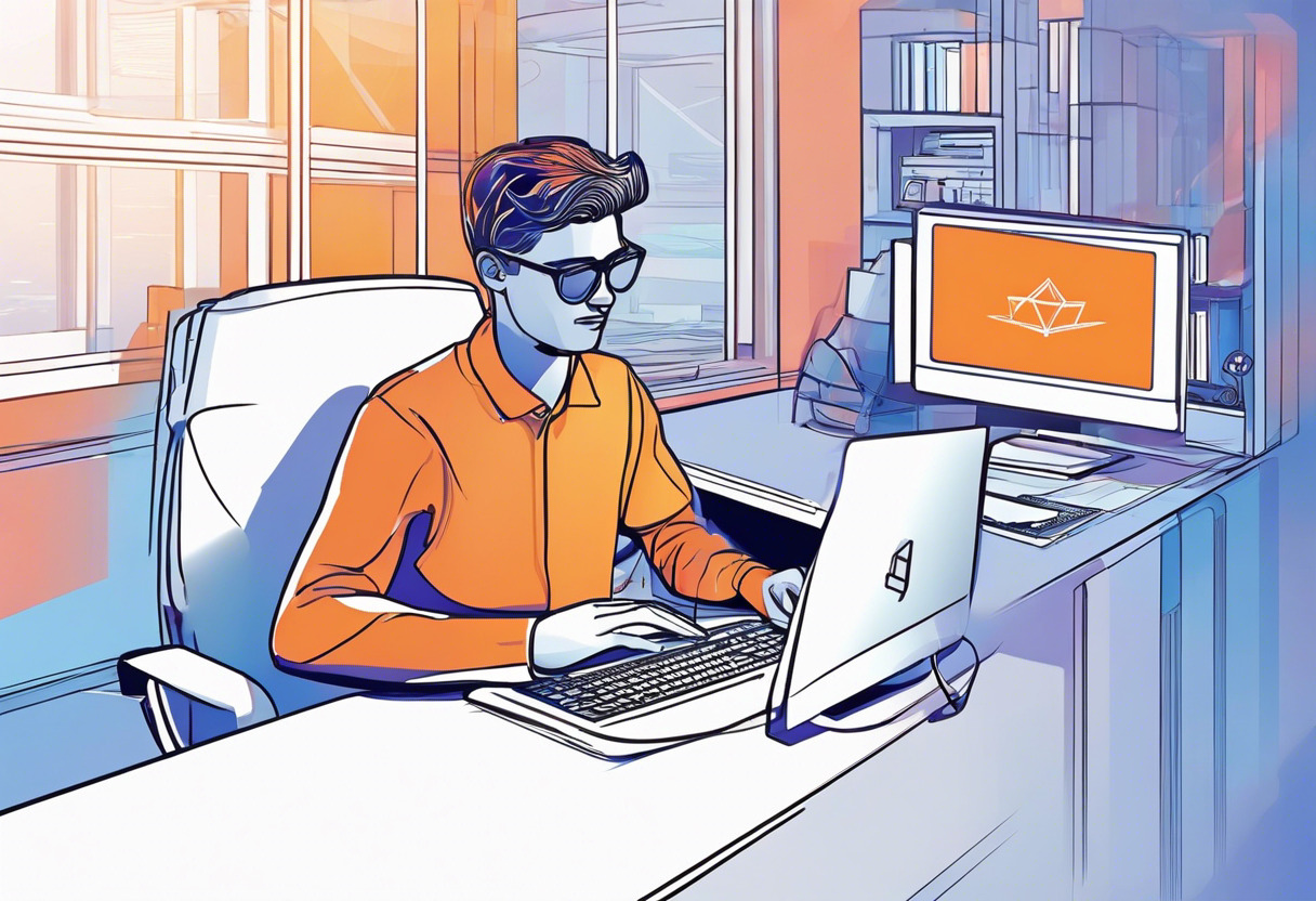 Colorful image of a programmer navigating the Ethereum blockchain on a computer at a digital workspace