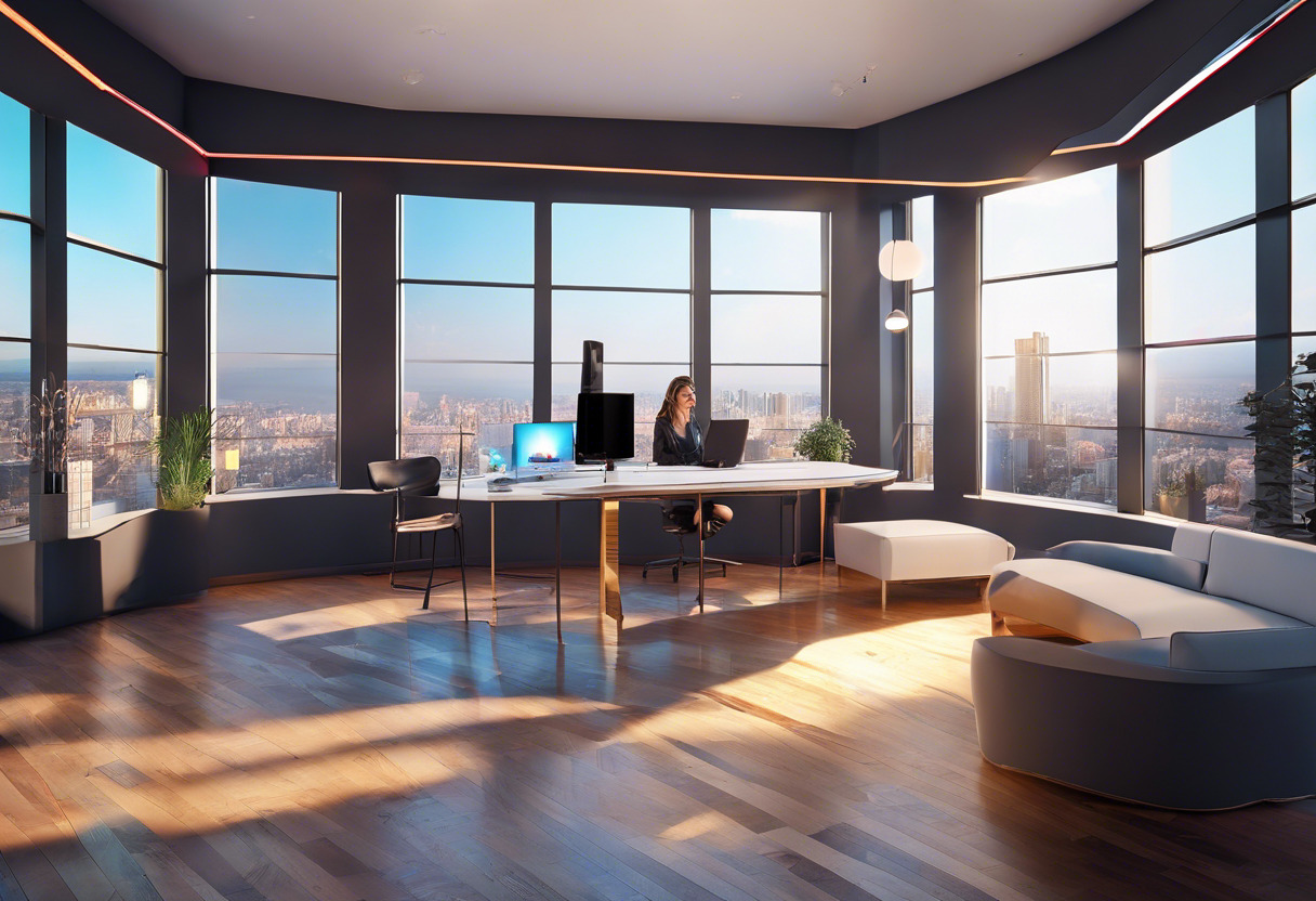 Colorful image of a realtor and photographer examining an immersive 360° tour on CloudPano in a modern workspace