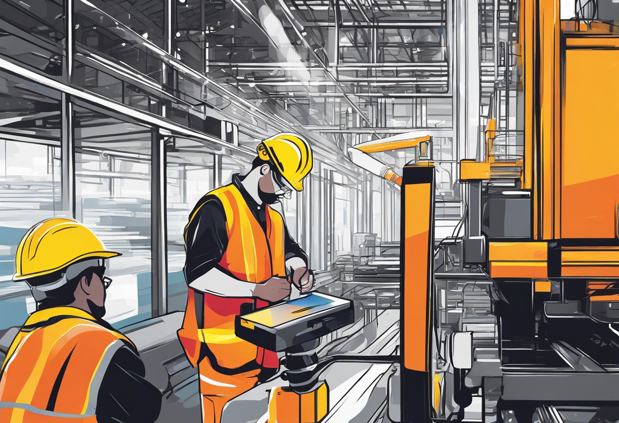 Colorful image of a robust worker using Vuzix Shield™ in a busy industrial environment