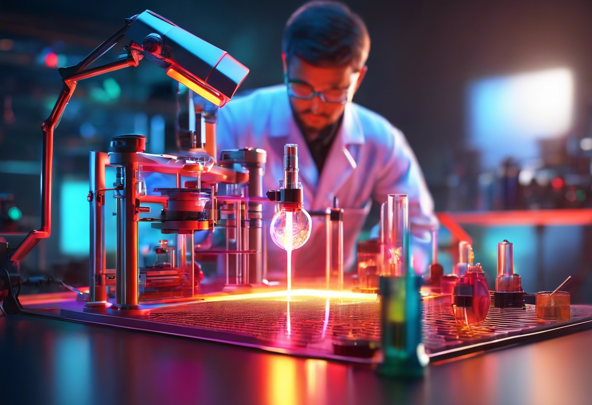 Colorful image of a scientist conducting laser experiments in a lab