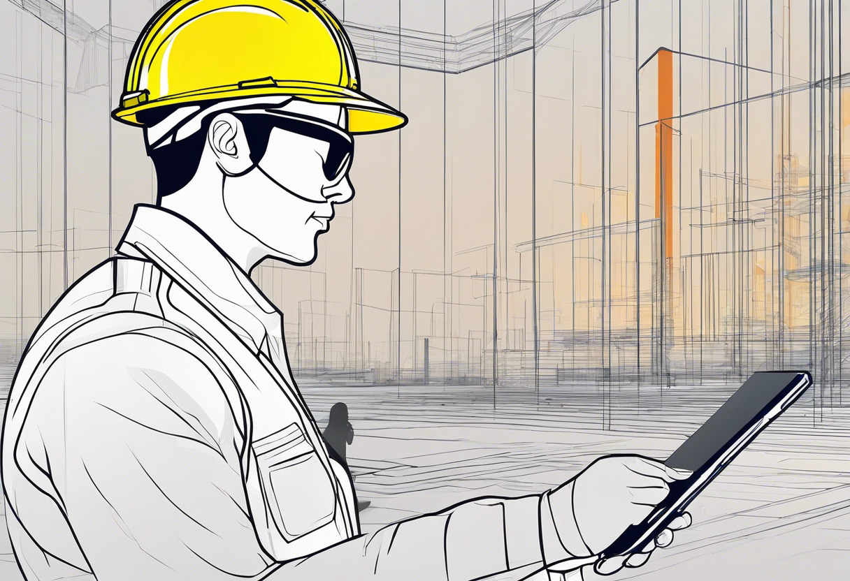 Colorful image of a security officer wearing Vuzix Blade in a construction site, reviewing digital overlays on physical structures