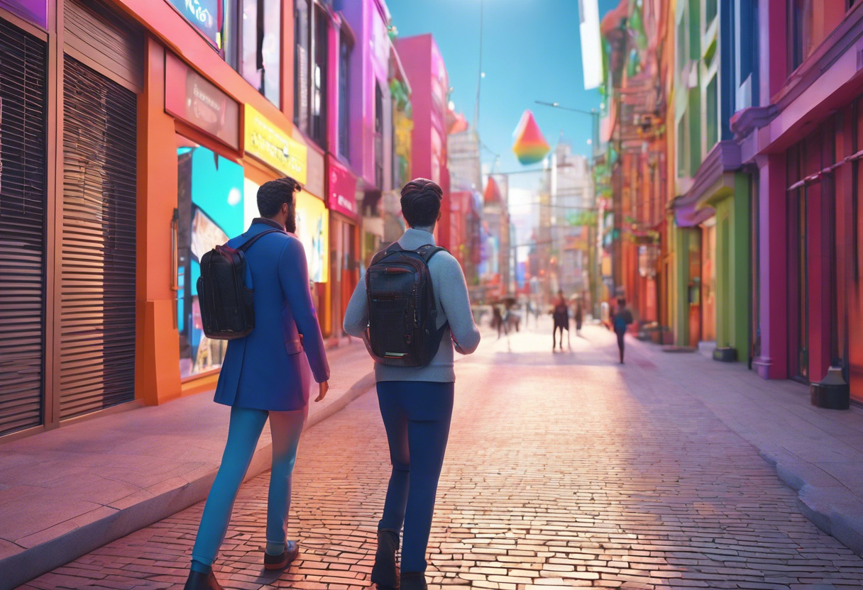 Colorful image of a software developer and an advertising professional exploring an AR-enhanced city through 8th Wall