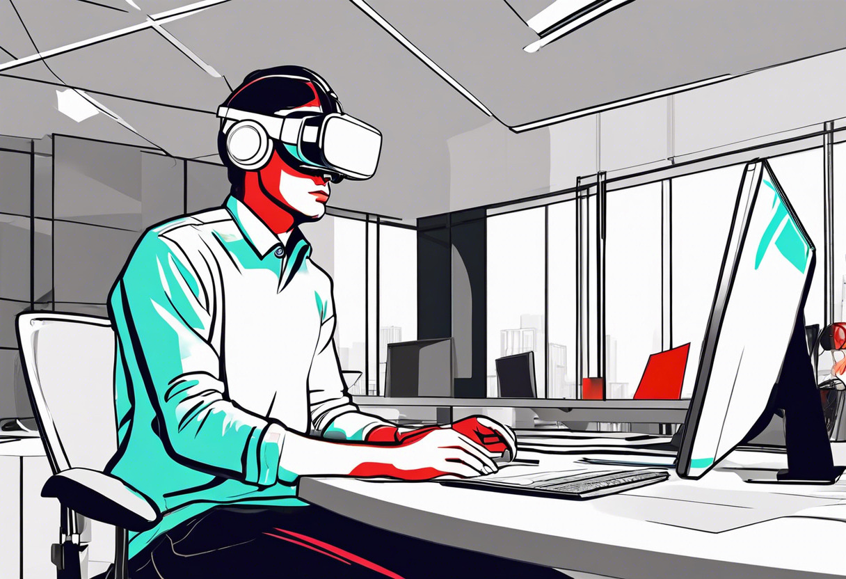 Colorful image of a tech enthusiast wearing a Pico 4 VR headset in a modern office