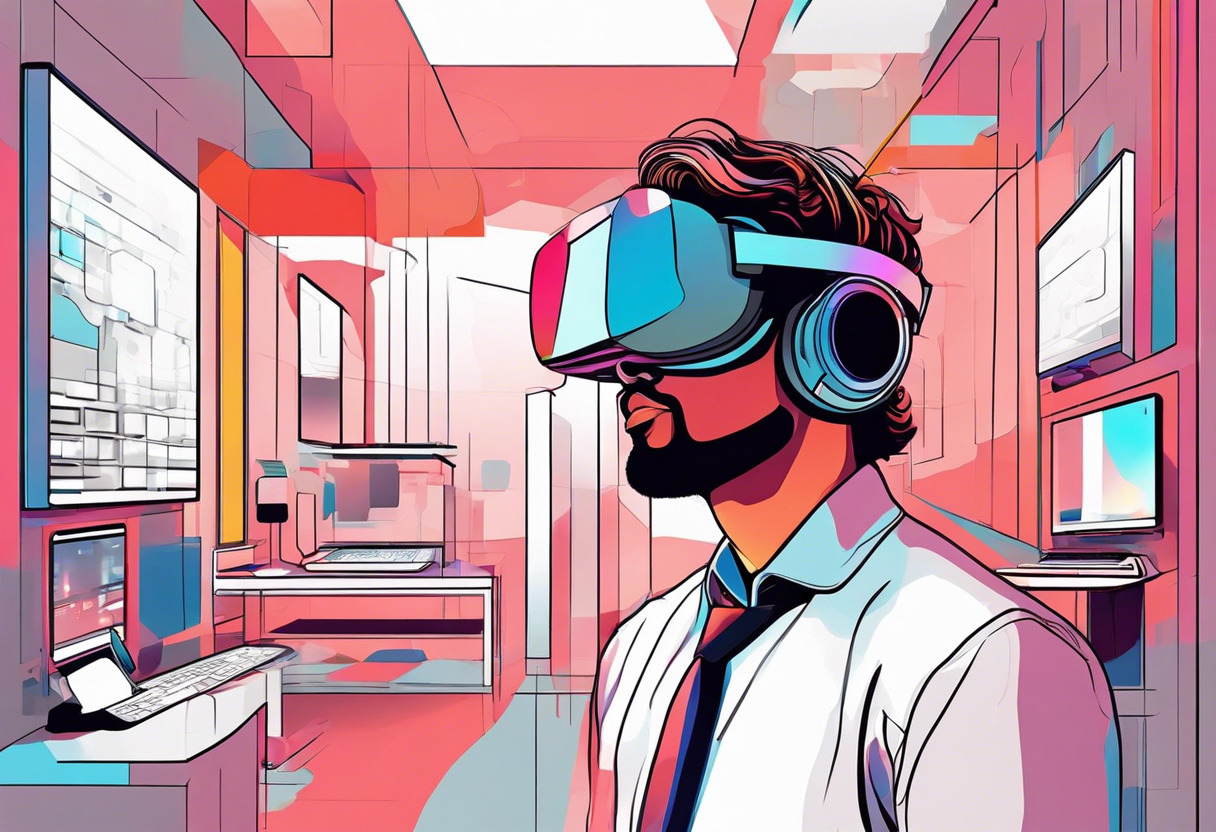 Colorful image of a tech enthusiast wearing Apple's Future AR/VR headset in a high-tech room