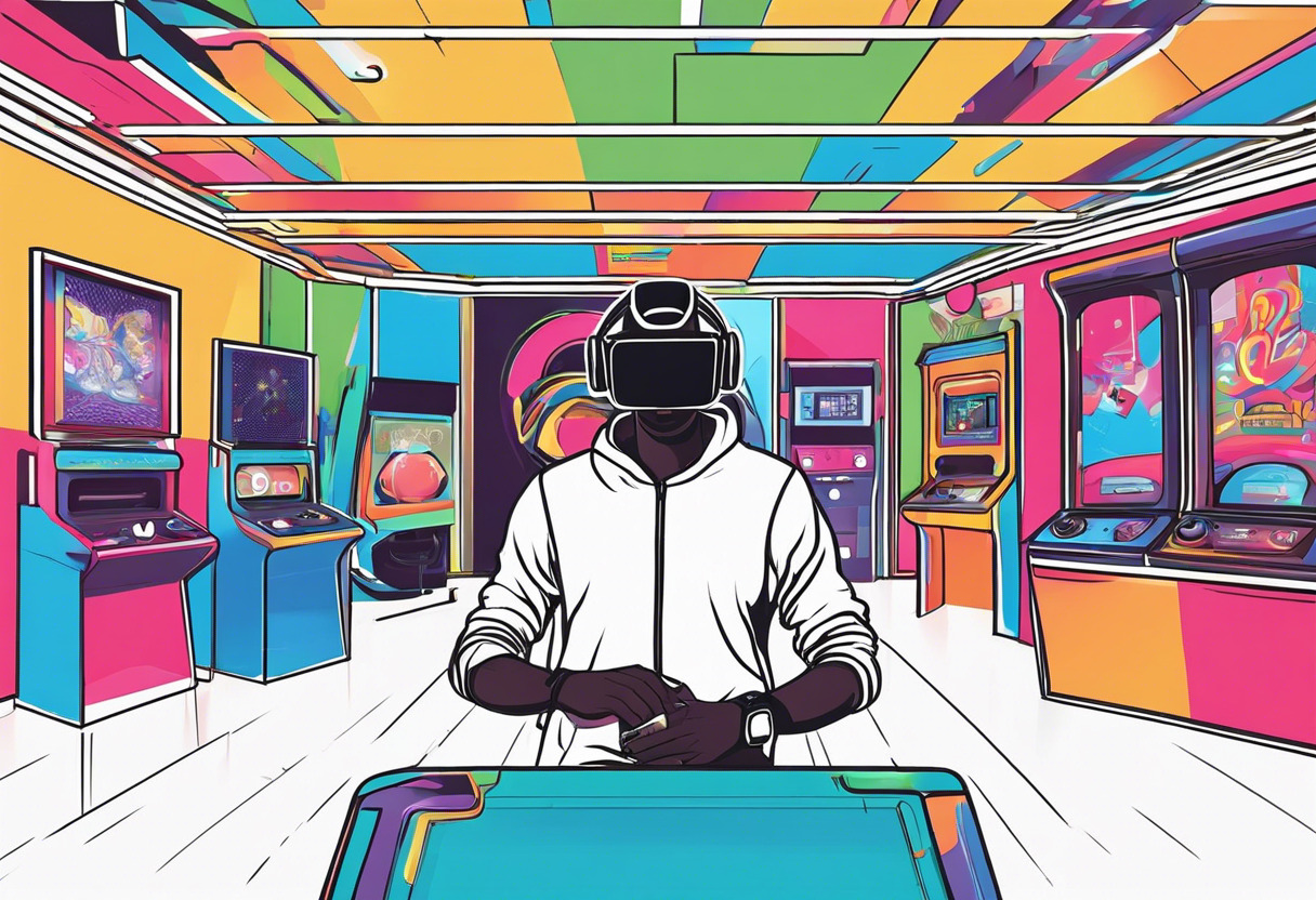 Colorful image of a tech-savvy gamer wearing Samsung Gear VR inside a gaming arcade