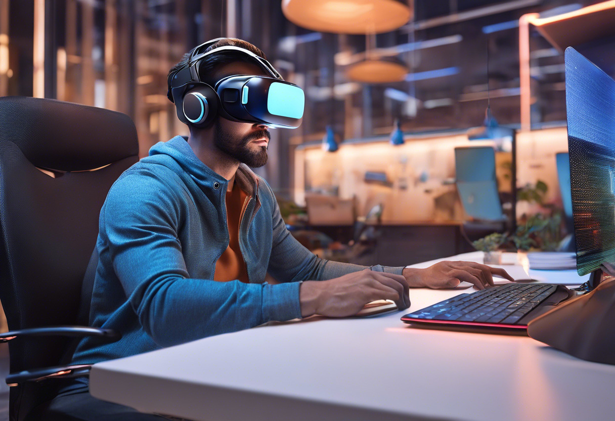 Colorful image of a tech-savvy user engrossed in action while donning the Quest VR headset in a futuristic startup office