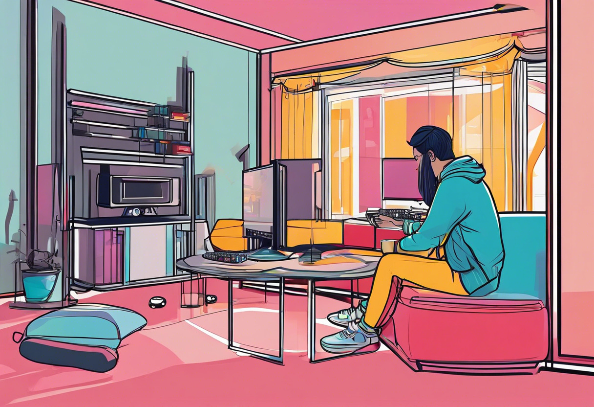 Colorful image of a teenager using Meta Quest 2 in a home gaming room