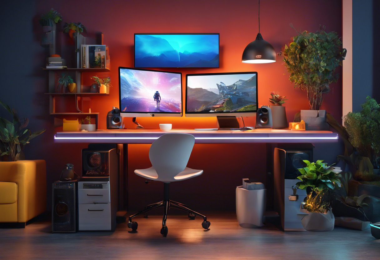 Colorful image of a video game developer using Unreal Engine on a high-end workstation.