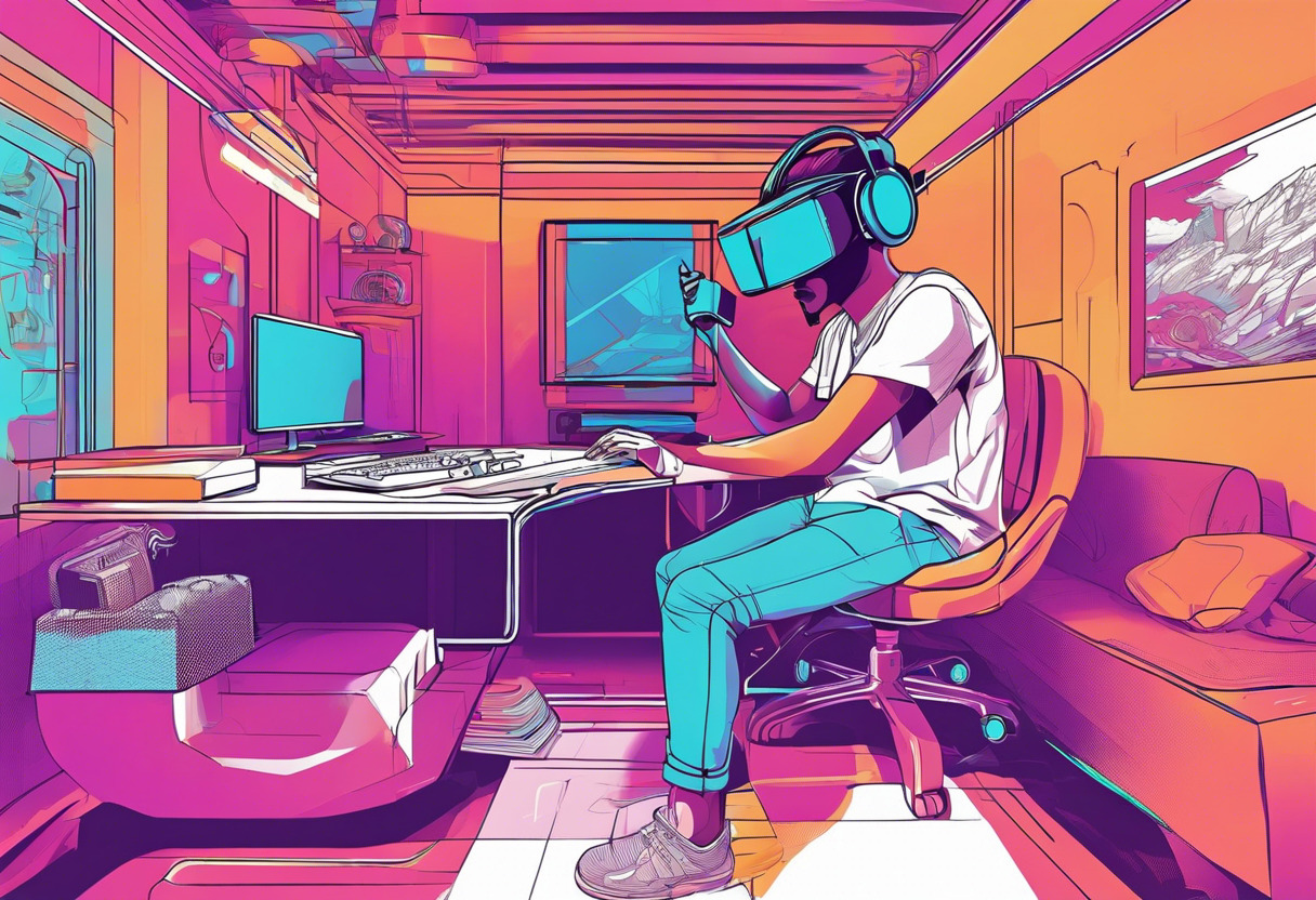 Colorful image of a young tech-savvy gamer delving deep into virtual reality through the Oculus Rift S in an intricate gaming den