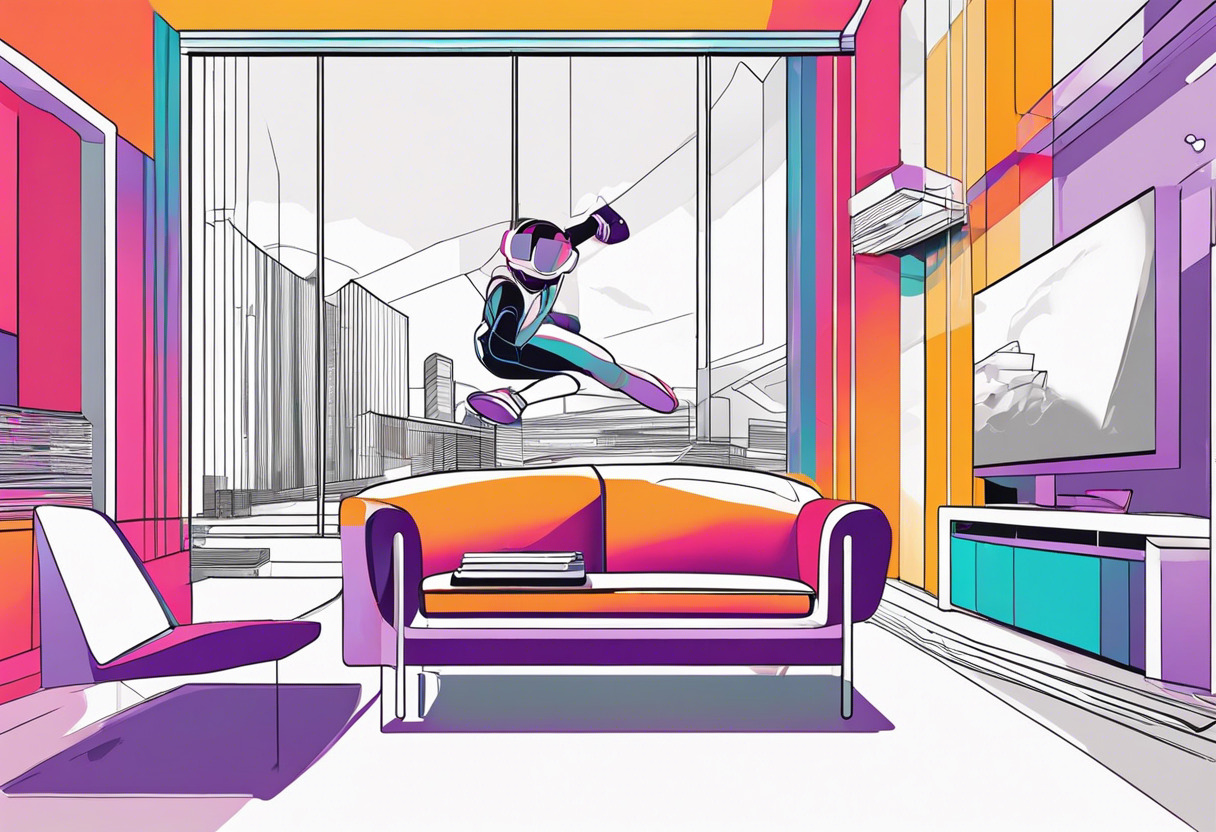 Colorful image of an ambitious gamer diving into a virtual adventure with Oculus Quest 2 in a modern gaming room