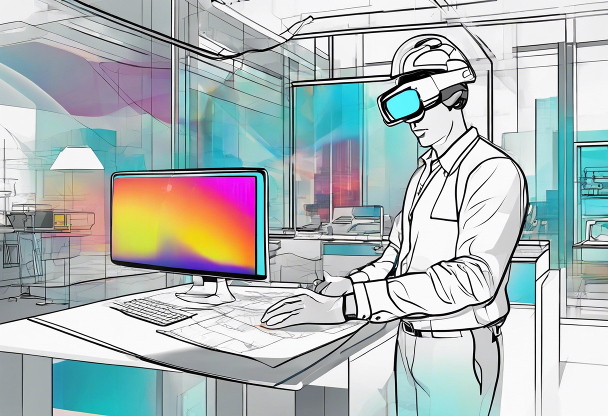 Colorful image of an animated engineer exploring a digital blueprint using Oculus Rift in a modern lab