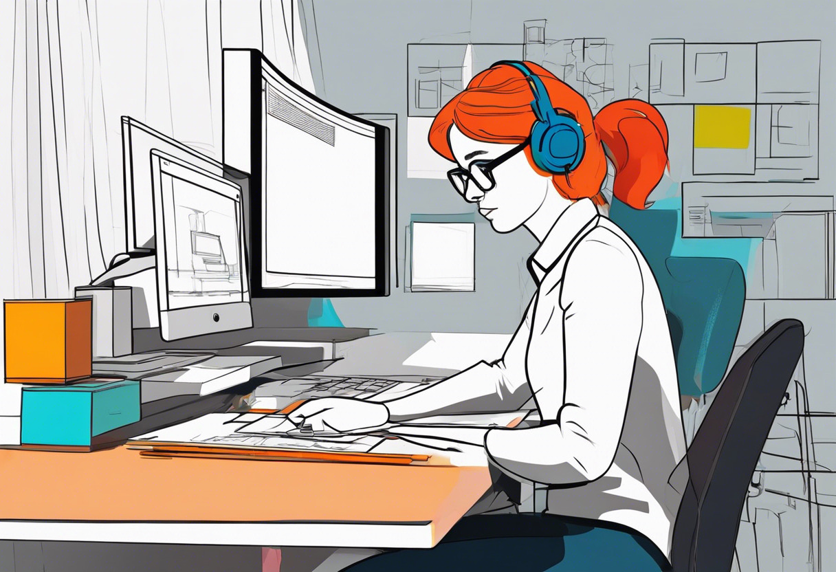 Colorful image of an animator working on a character model using Blender