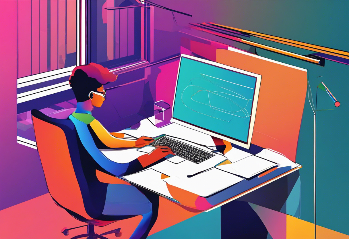 Colorful image of an artist at a tech-filled desk with TouchDesigner visual programming on screen