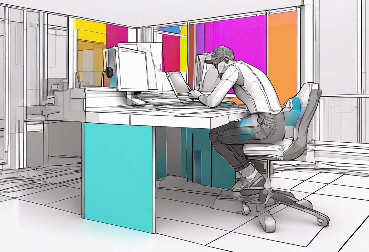 Colorful image of an artist working on a 3D model using Daz Studio in a high-tech studio