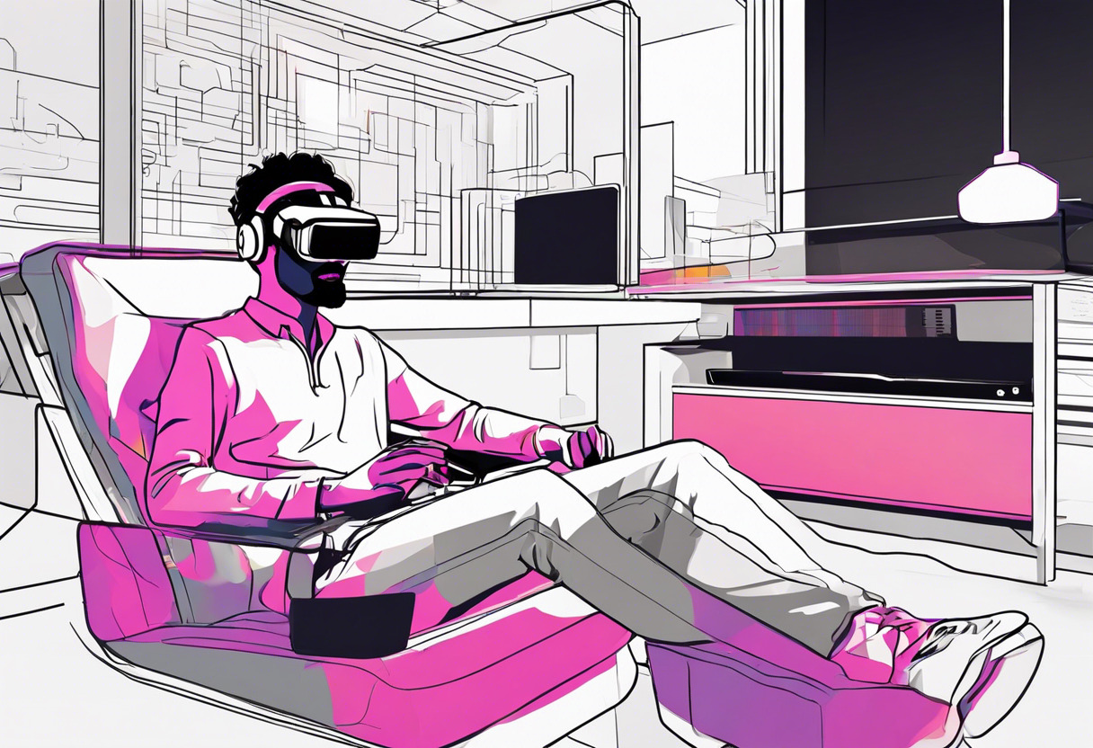 Colorful image of an avid gamer enjoying a virtual reality gaming session with the Valve Index in a gaming room