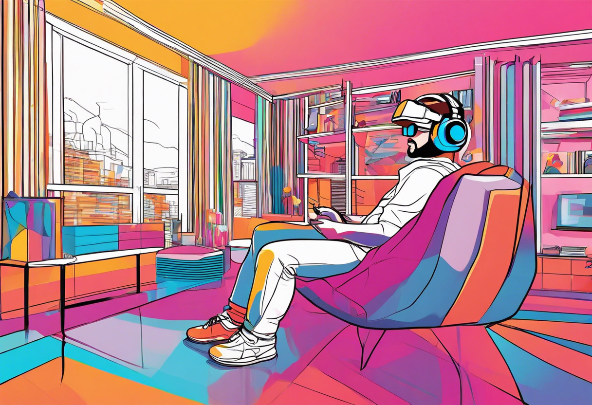 Colorful image of an engaged gamer lost in a vibrant world via the Meta Quest headset in a living room