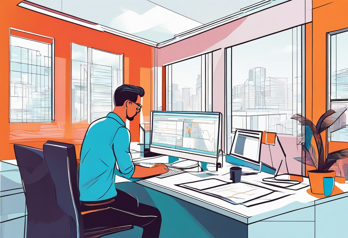 Colorful image of an entrepreneur in a modern office setting, examining data on a Cesium platform