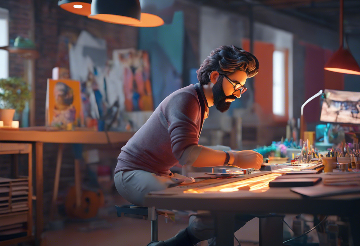 Colorful image of an experienced artist working on a cinematic character in a busy animation studio, using ZBrush