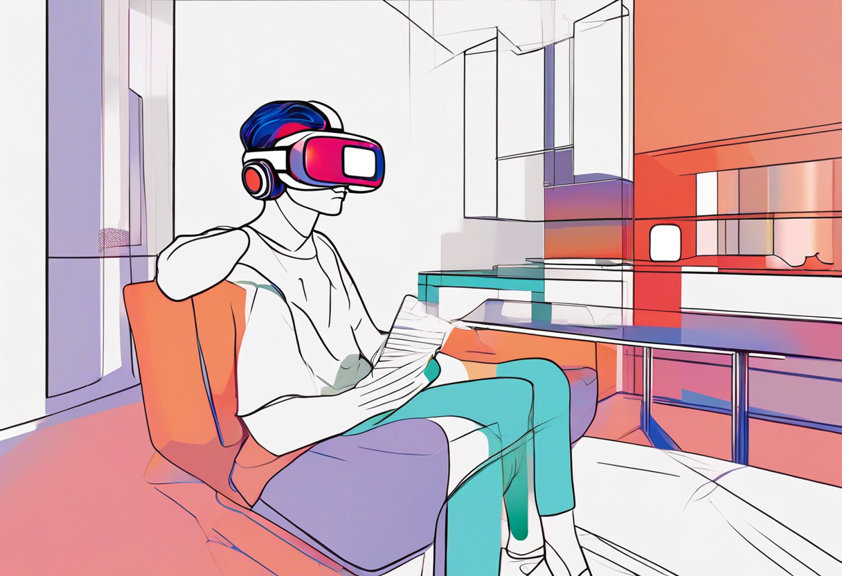 Colorful image of an individual immersing in virtual reality, in the comfort of their own home