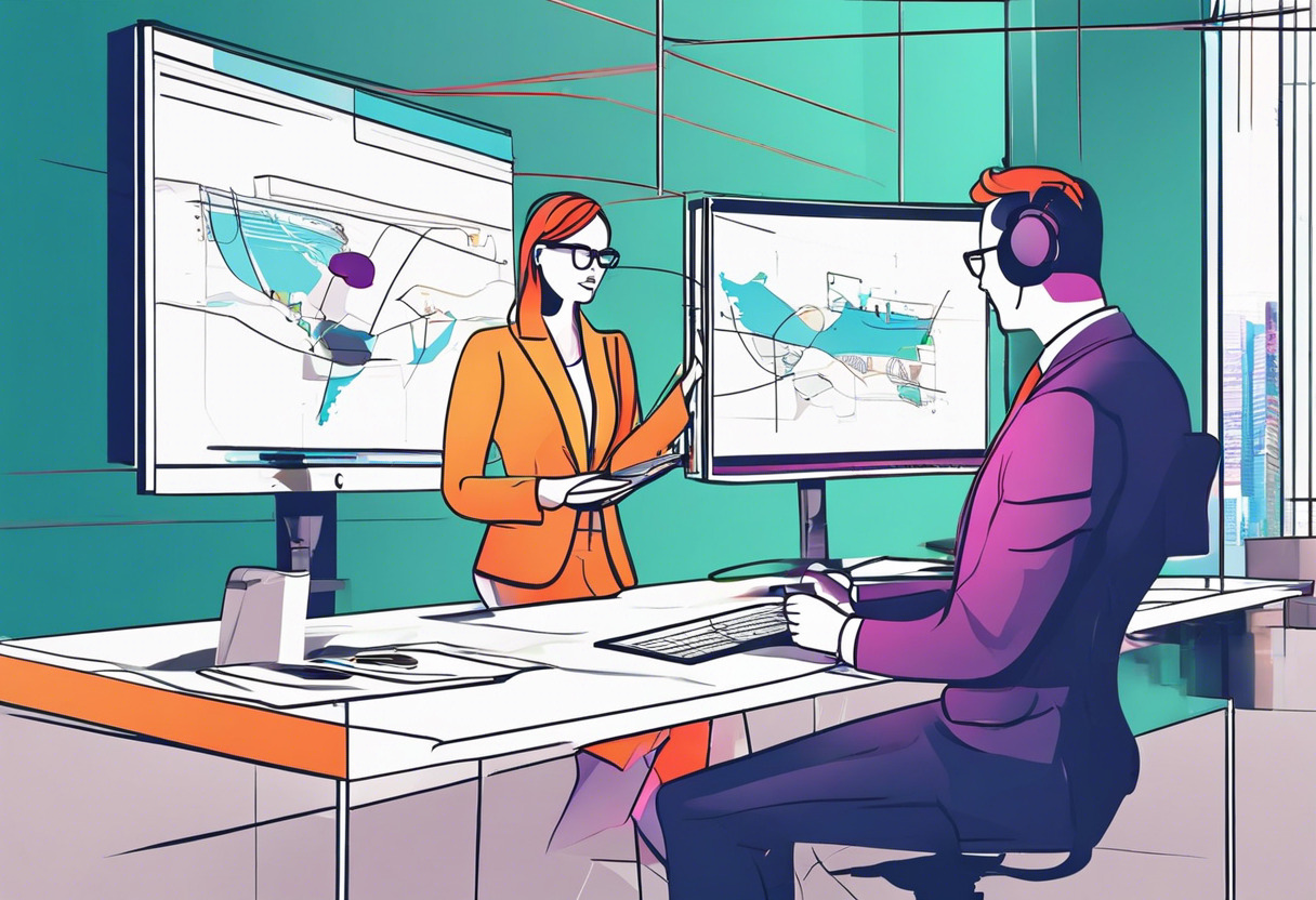 Colorful image of business executive using PlugXR to create an AR presentation in an office.