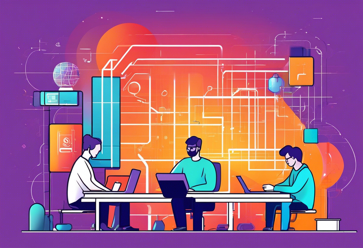 Colorful image of developers programming a multi-platform mobile application using Solar2D.