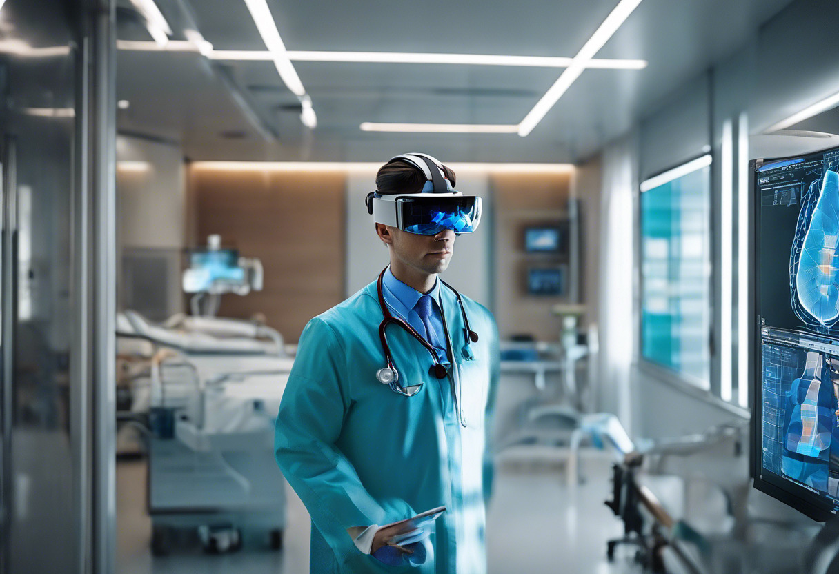 Colorful image of doctor using Microsoft HoloLens in a hospital