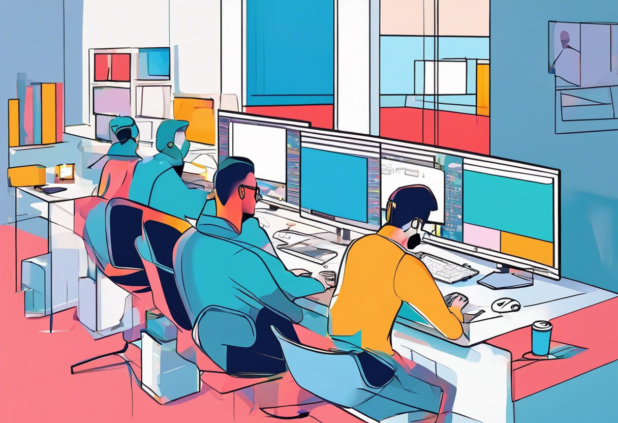 Colorful image of tech-savvy developers at their workstations developing games using MonoGame