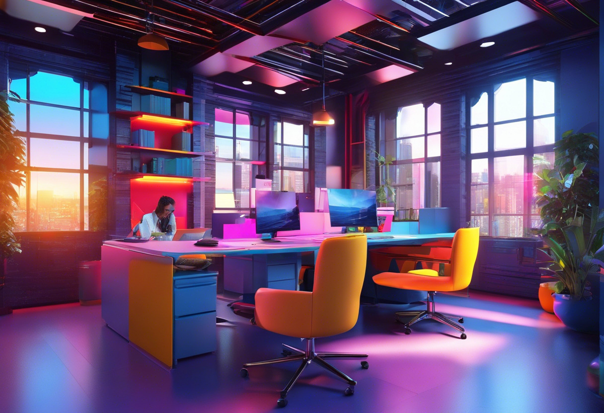 Colorful image of technocrats in a vibrant workspace