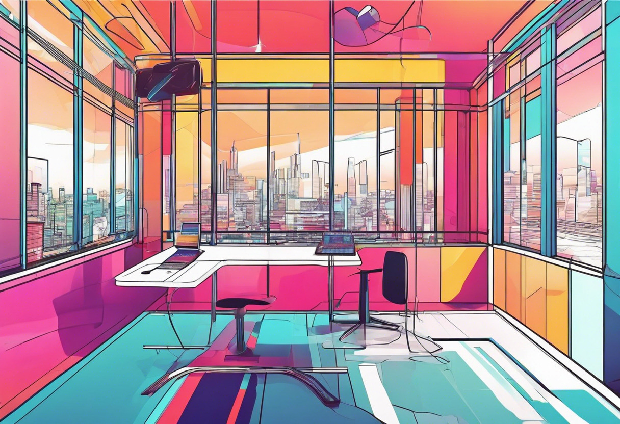 Colorful image of virtual reality simulation in a futuristic studio