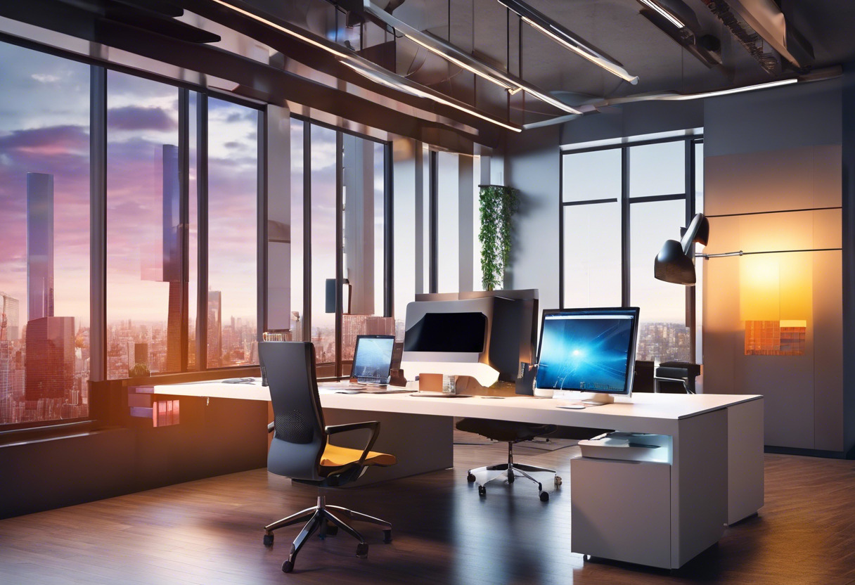 Colorful image portraying a graphic designer using Cinema 4D in a modern office setting