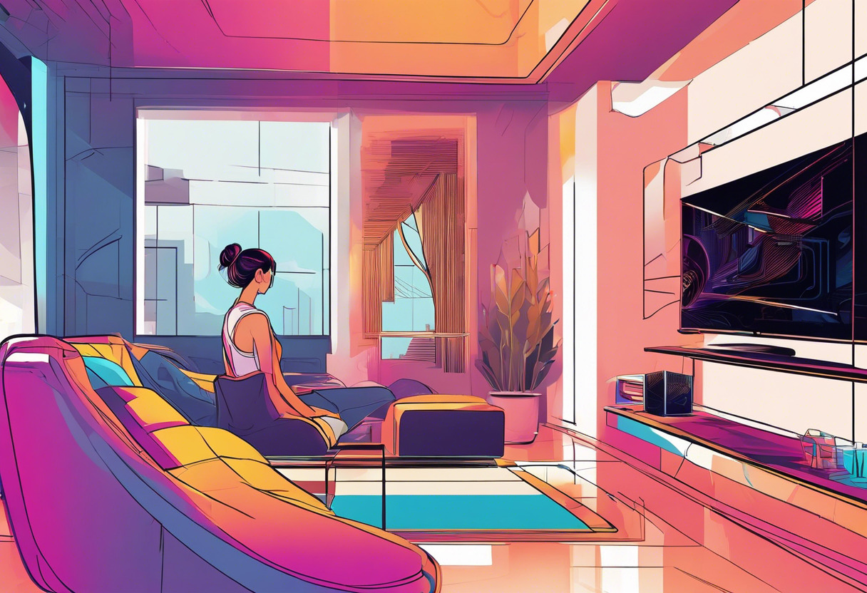 Colorful image portraying a young woman in a gaming room engrossed in the rich experience provided by the Rift S