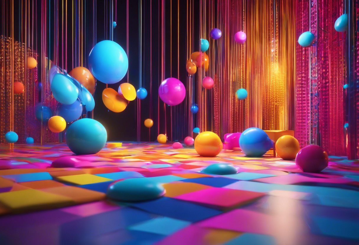 Colorful image showcasing a 3D designer immersed in vibrant motion graphics on Cinema 4D