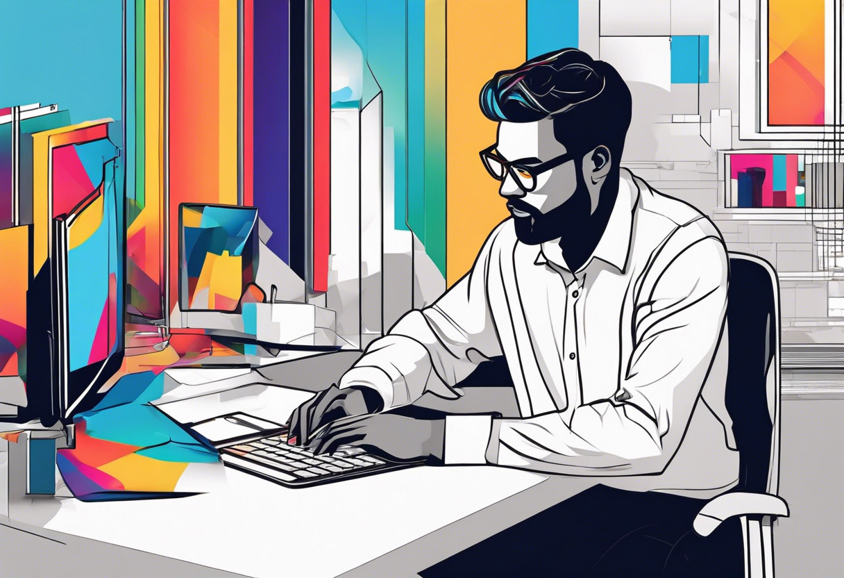 Colorful image showcasing a developer working on a Unity project in a tech-savvy environment
