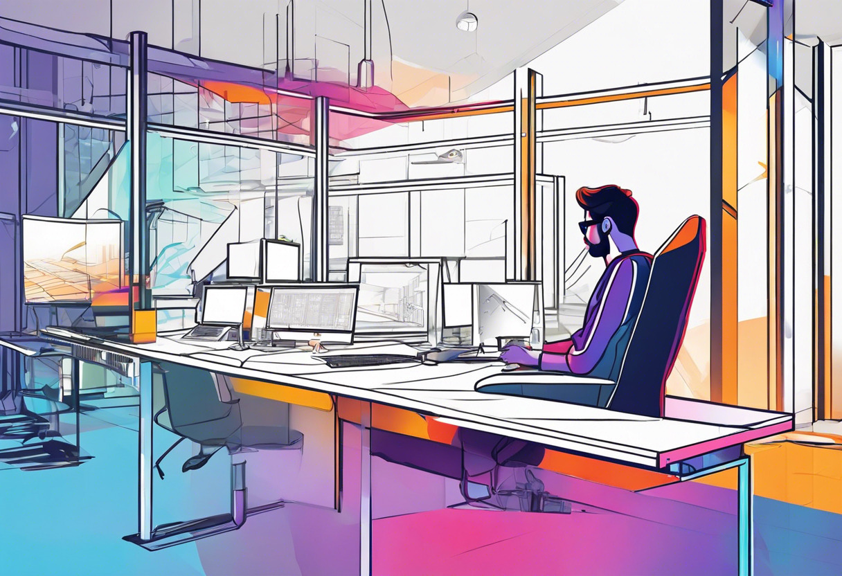 Colorful image showcasing a game designer at work on Unreal Engine in a high-tech digital lab