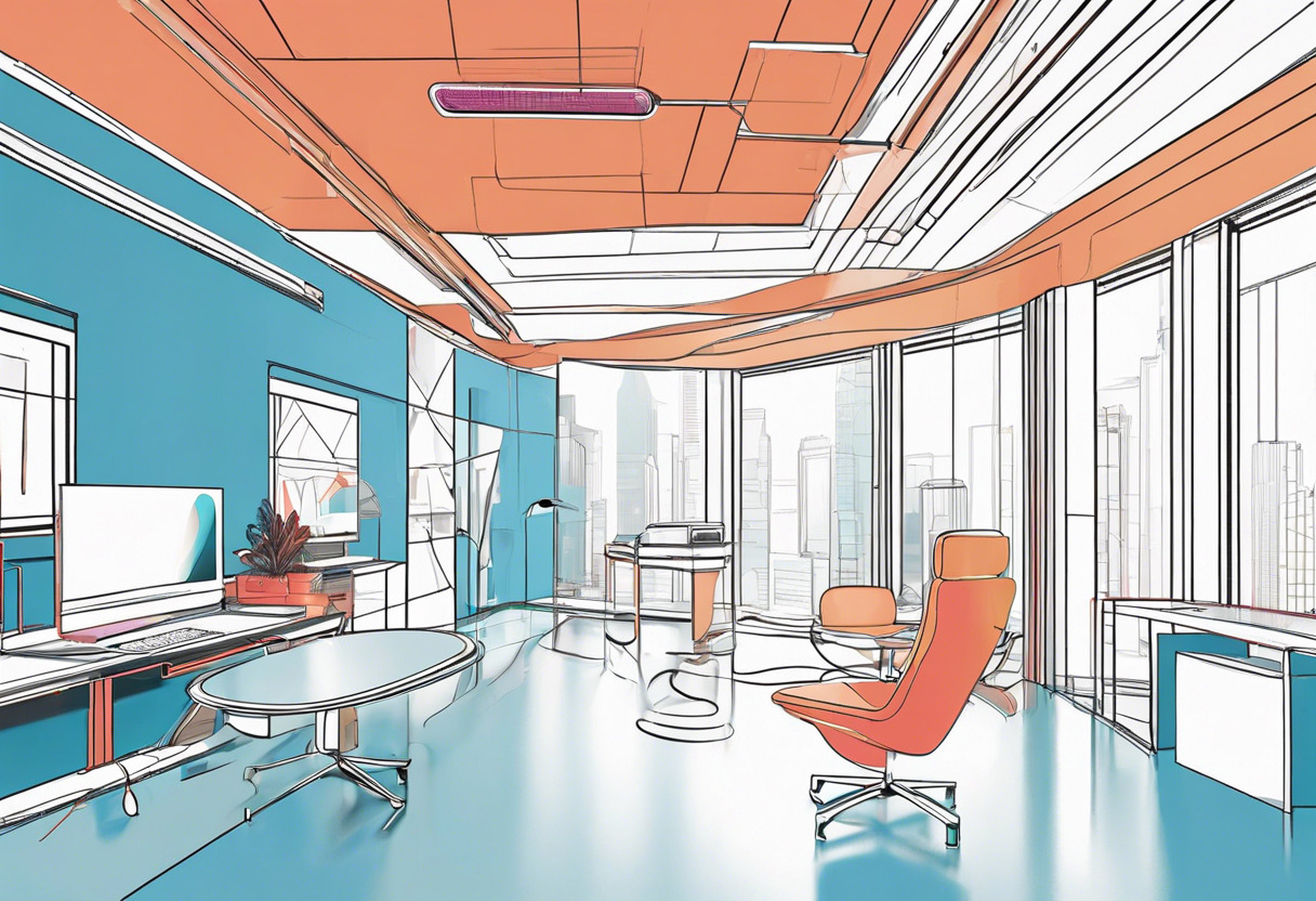 Colorful image showcasing a person using MagicLeap2 AR device in a high-tech office space