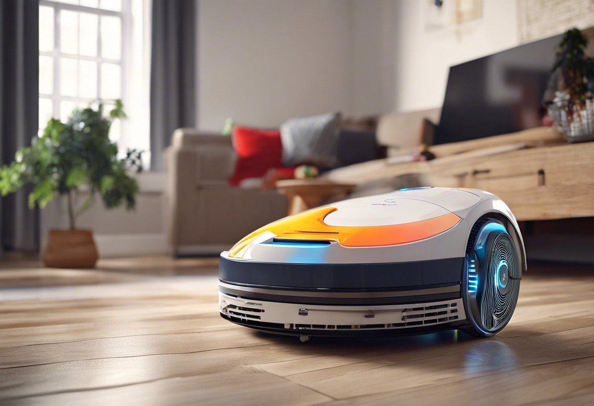 Colorful image showcasing a vacuum cleaning robot in a living room, equipped with vSLAM technology, engaging in autonomous navigation.