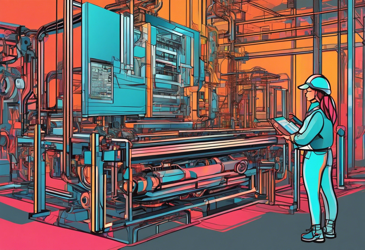 Colorful imagery of a woman analyzing a digital twin of a complex machinery in a modern factory