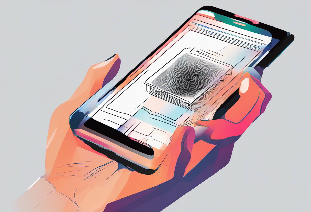 Colorful imagery showing a hand using PhotoScan app on a smartphone scanning an old photograph