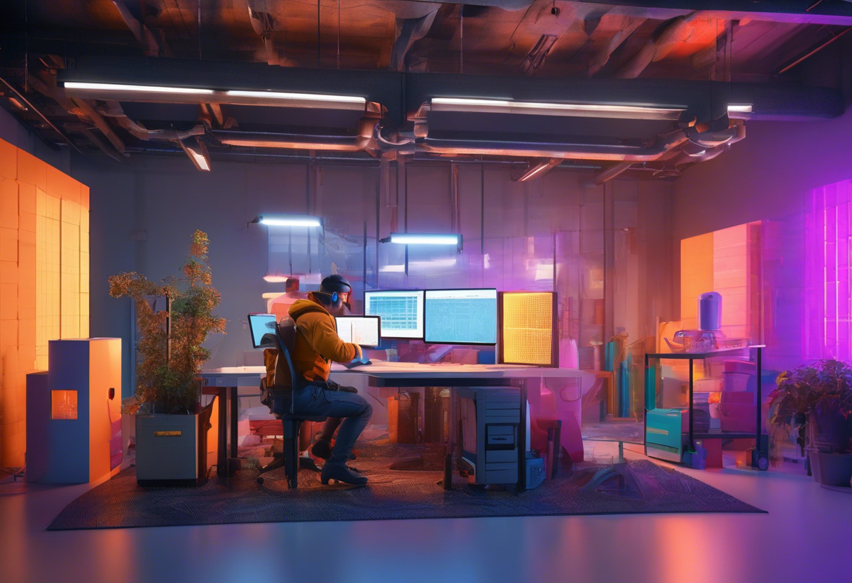 Colorful imagined scenario of an engineer using Shapr3D at an industrial design studio