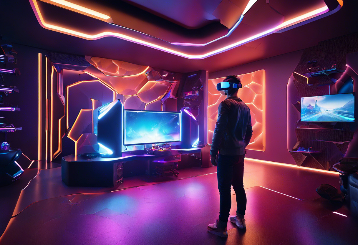 Colorful, immersive gaming scene with a player donning a PSVR headset in a futuristic gaming room.