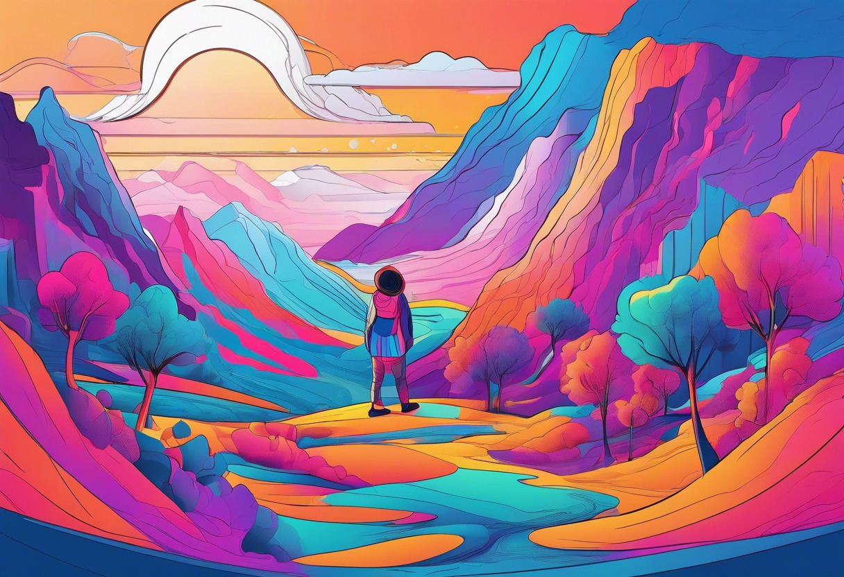 Colorful individual engaged with Oculus Quest 2, deeply absorbed in a fantastical virtual landscape