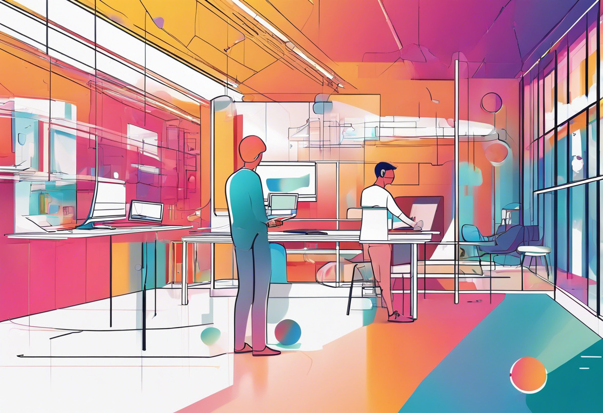 Colorful interaction between an AR user and the immersive experience at a tech-based workspace