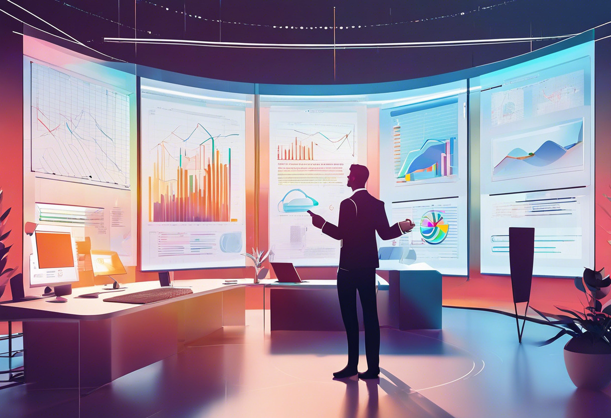 Colorful interaction of a professional, engaged in a futuristic presentation using HP Reverb G2 surrounded by glowing charts in a modern office.