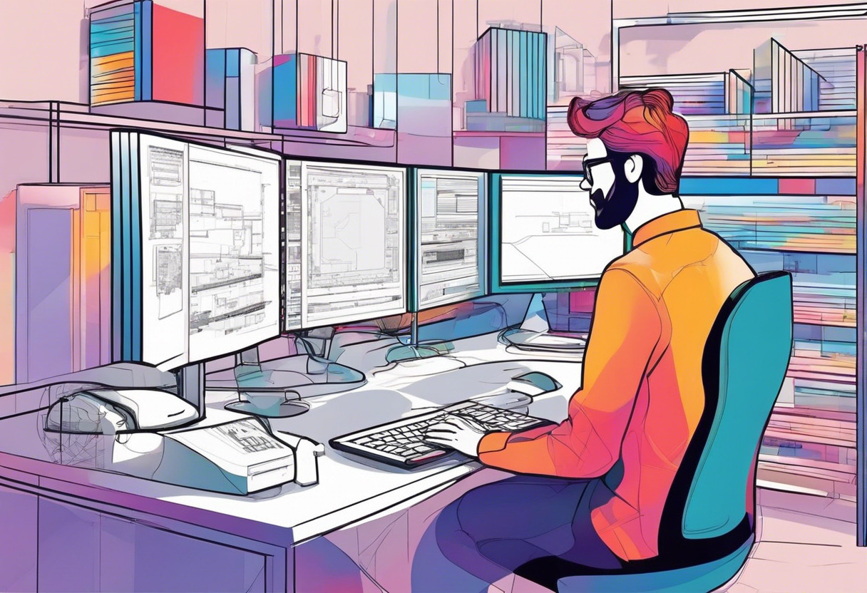 Colorful interactions of a developer with a computer in a high-tech lab
