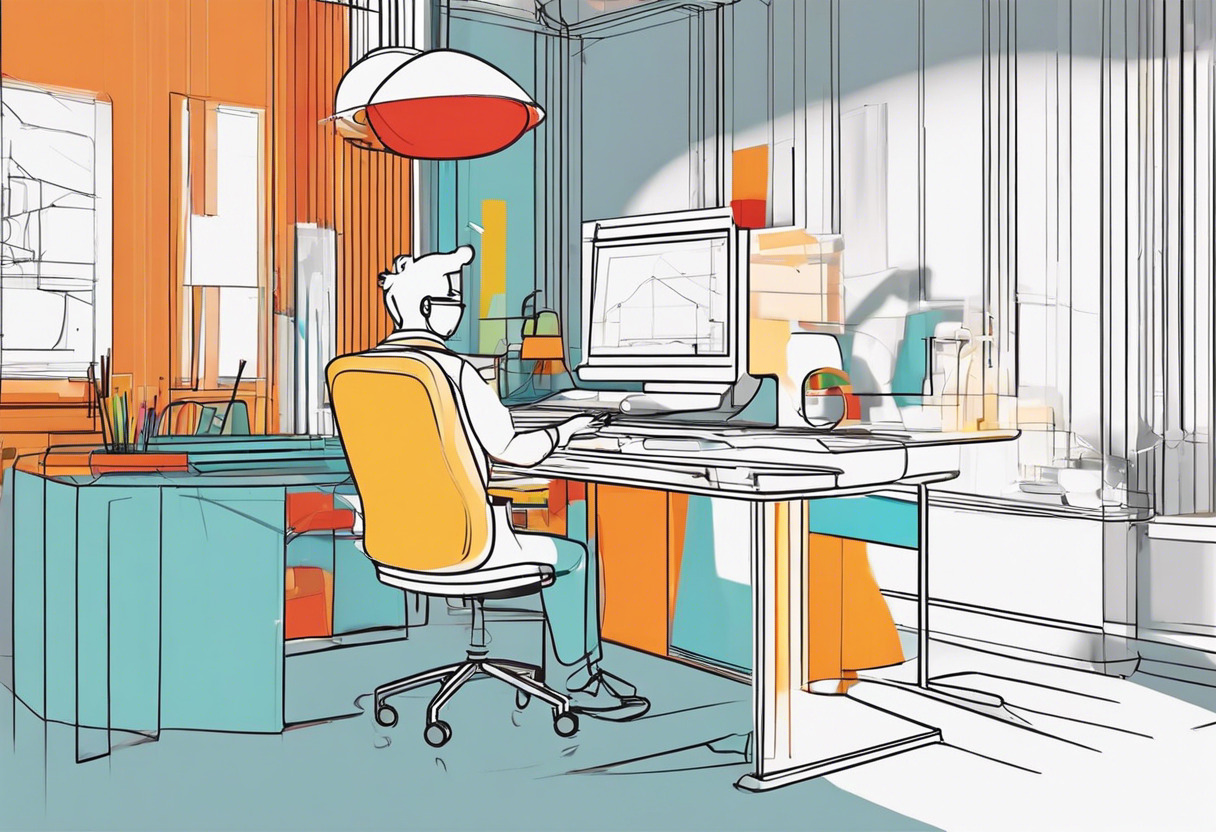 Colorful inventive genius in an animated film studio, engrossed in using Blender